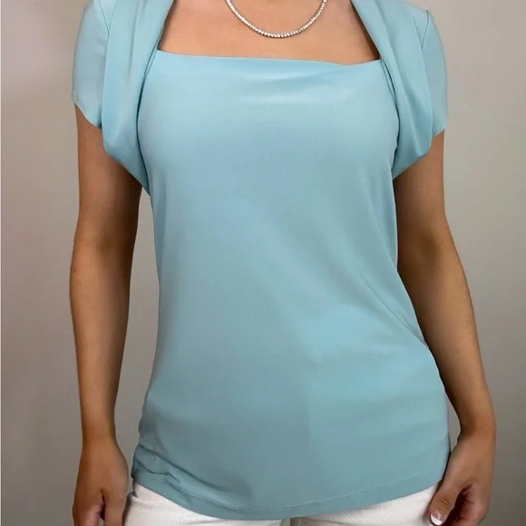 Fitted Blue Cap Sleeve Blouse with Square Neckline - Picture 3 of 7